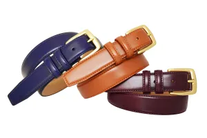 0211 Toneka Men's Cordovan, Navy and Tan Feather Edge Leather Dress Belt with Brass Buckle