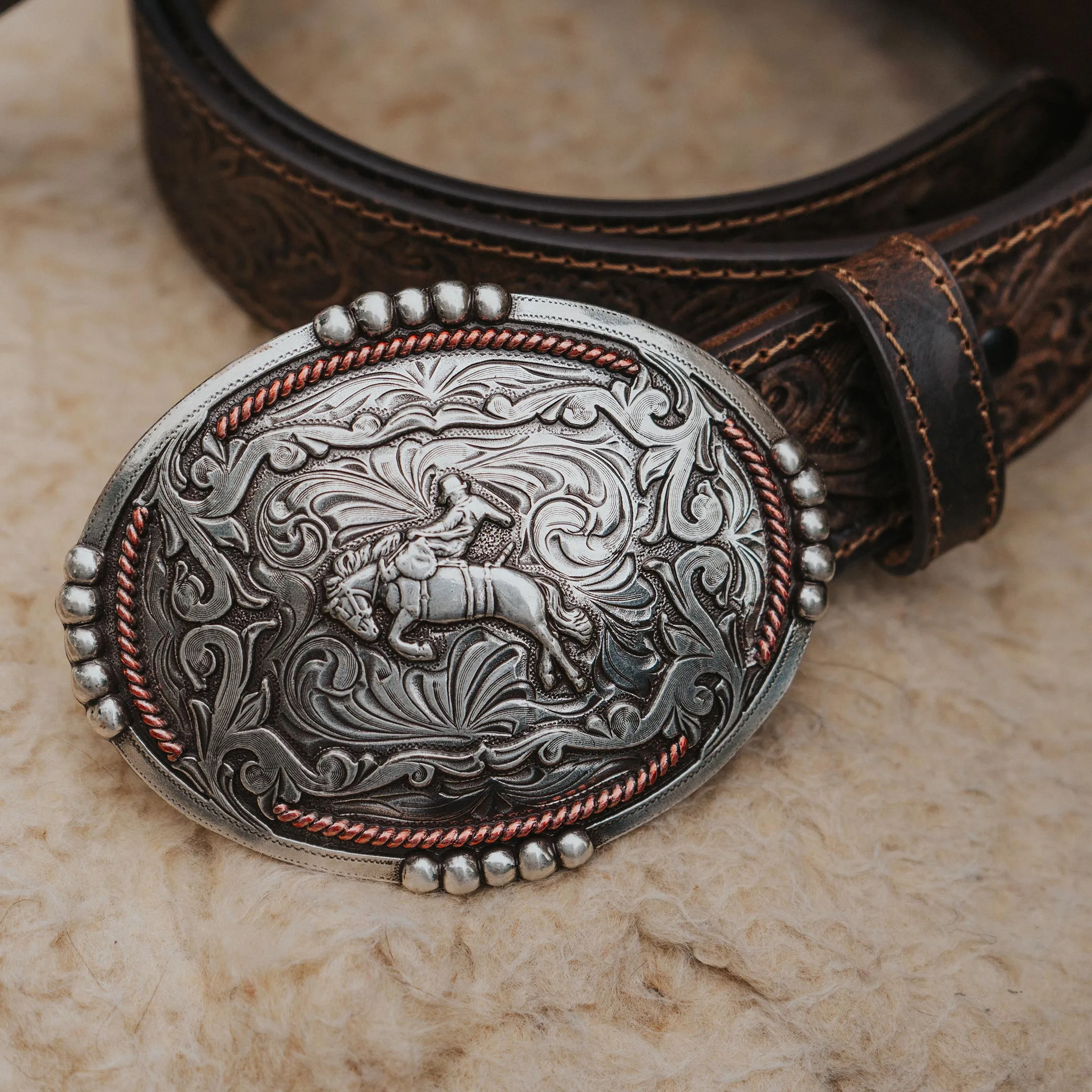 1 1/2" Tooled Buckin’ Bronc Rider Buckle Belt