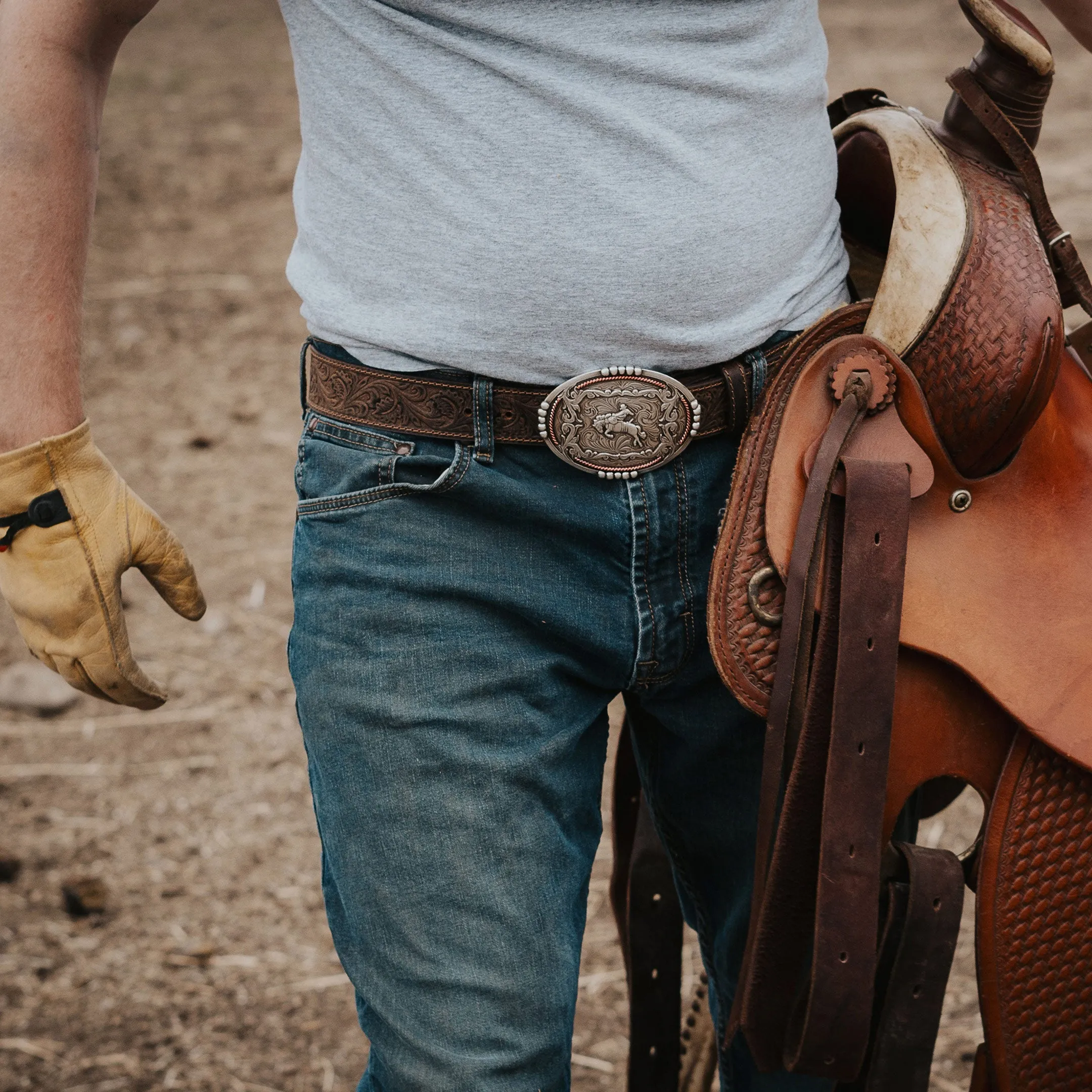 1 1/2" Tooled Buckin’ Bronc Rider Buckle Belt