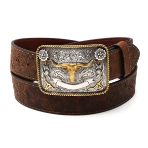 1 1/2" Tooled with Square Longhorn Buckle Belt