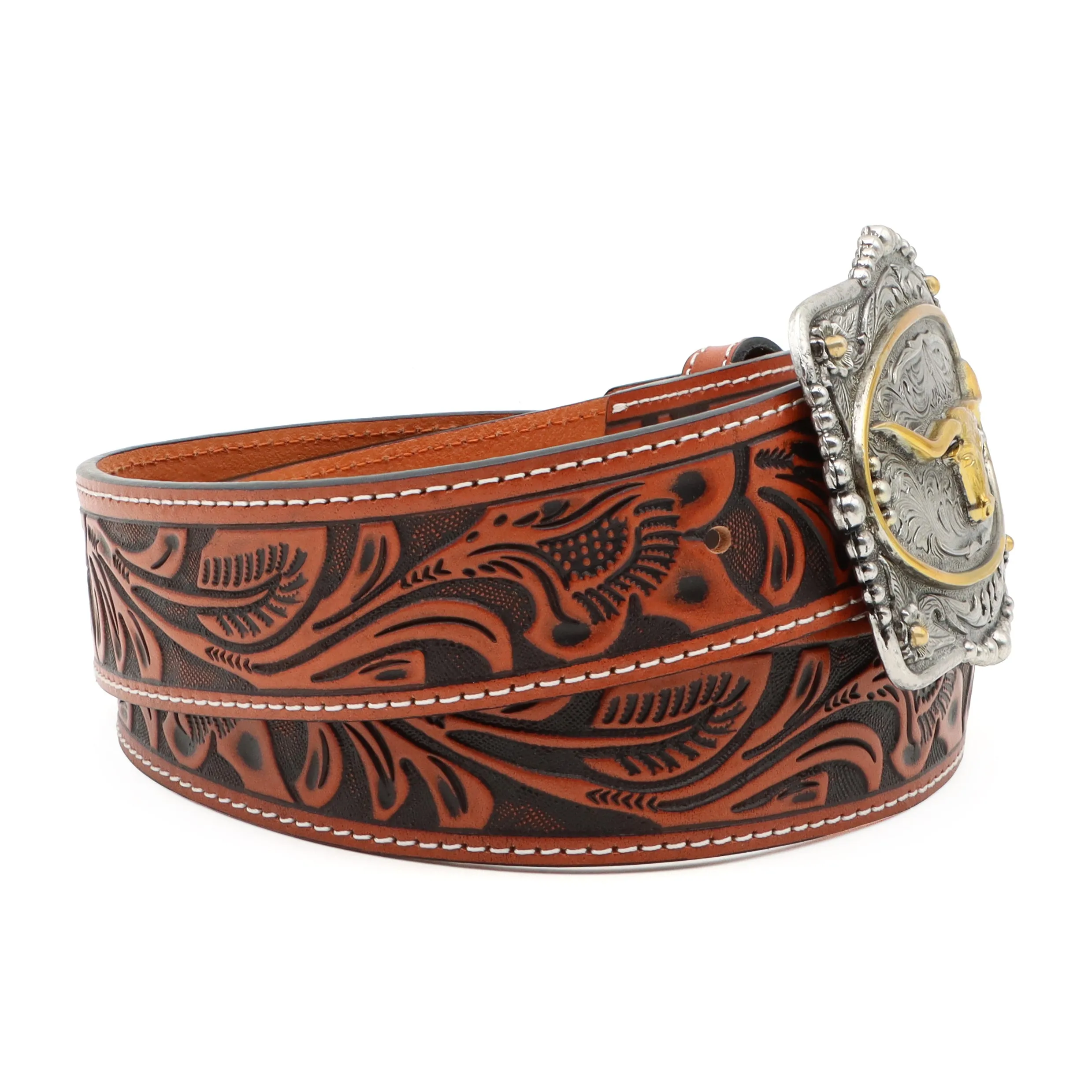 1 1/2" Veg Tooled with Longhorn Buckle Belt