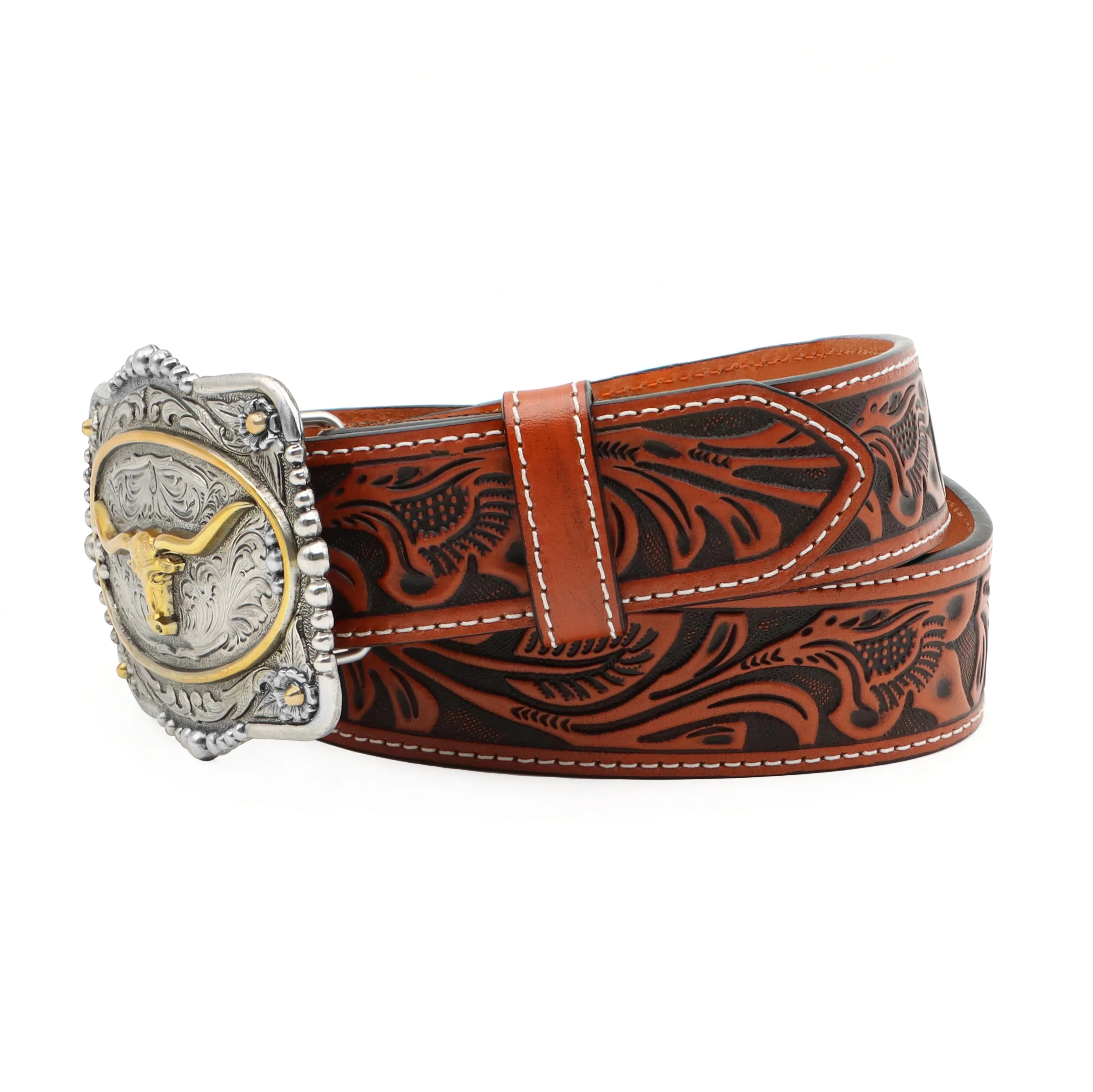 1 1/2" Veg Tooled with Longhorn Buckle Belt