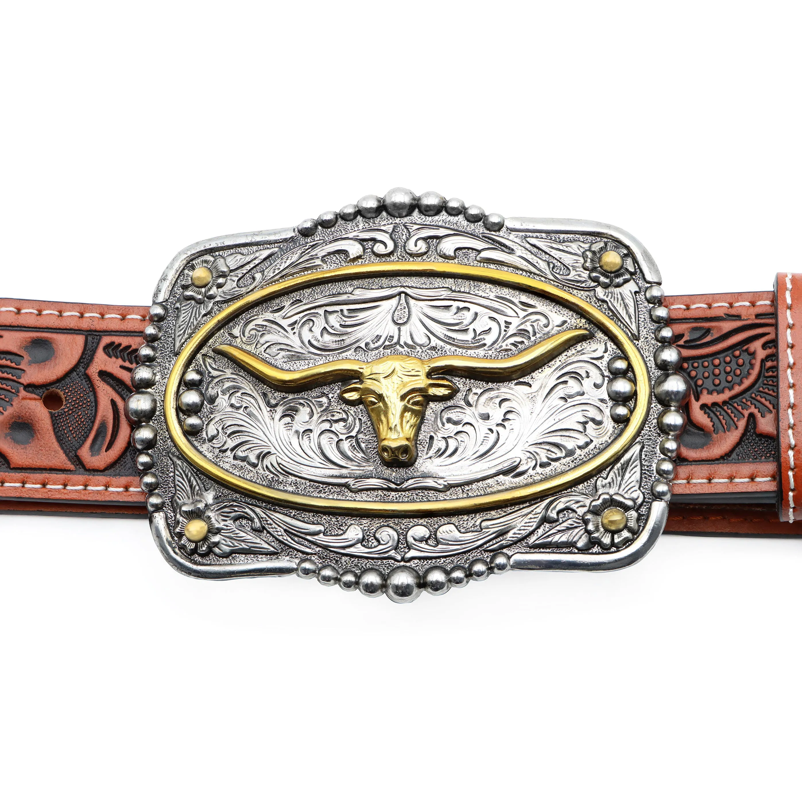 1 1/2" Veg Tooled with Longhorn Buckle Belt