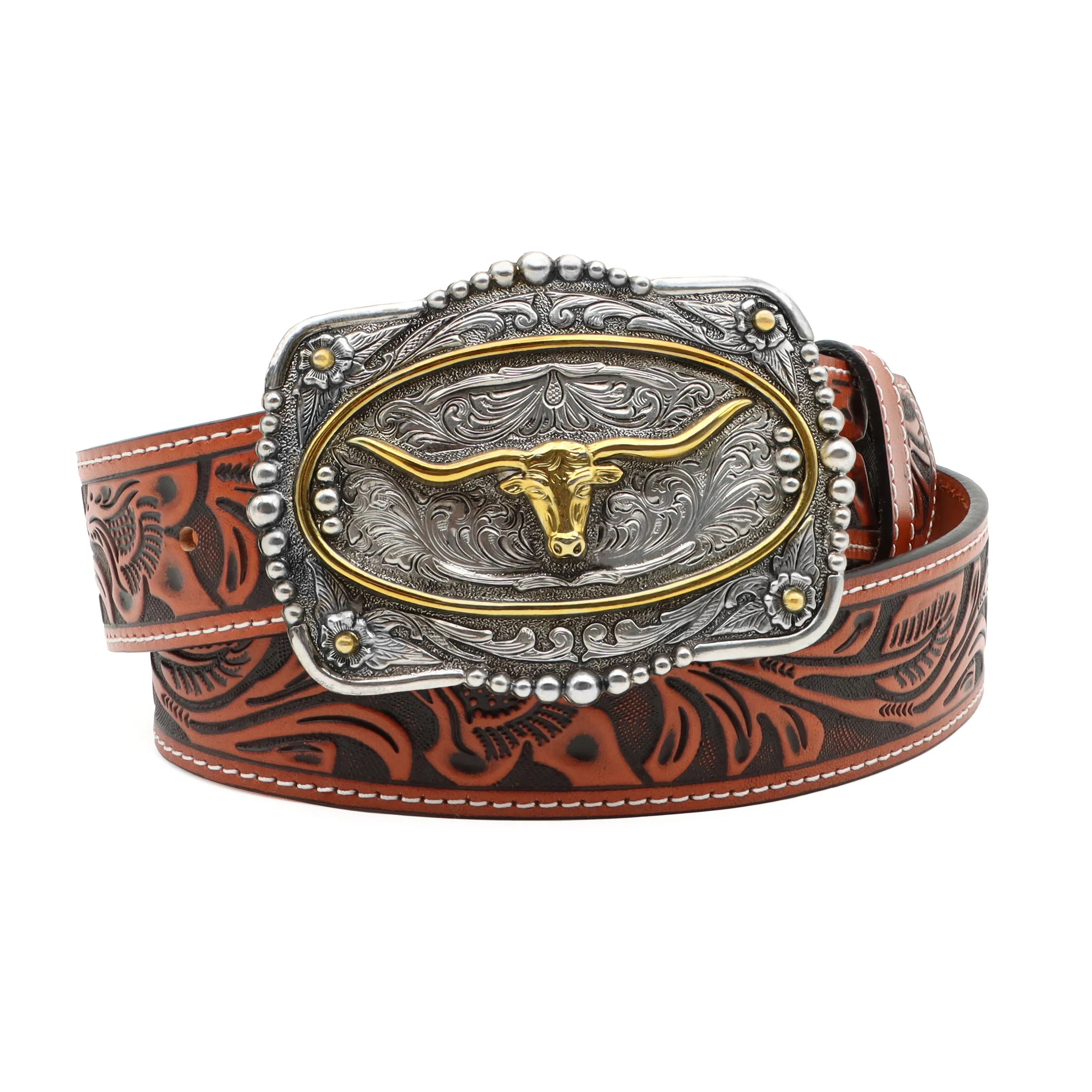 1 1/2" Veg Tooled with Longhorn Buckle Belt