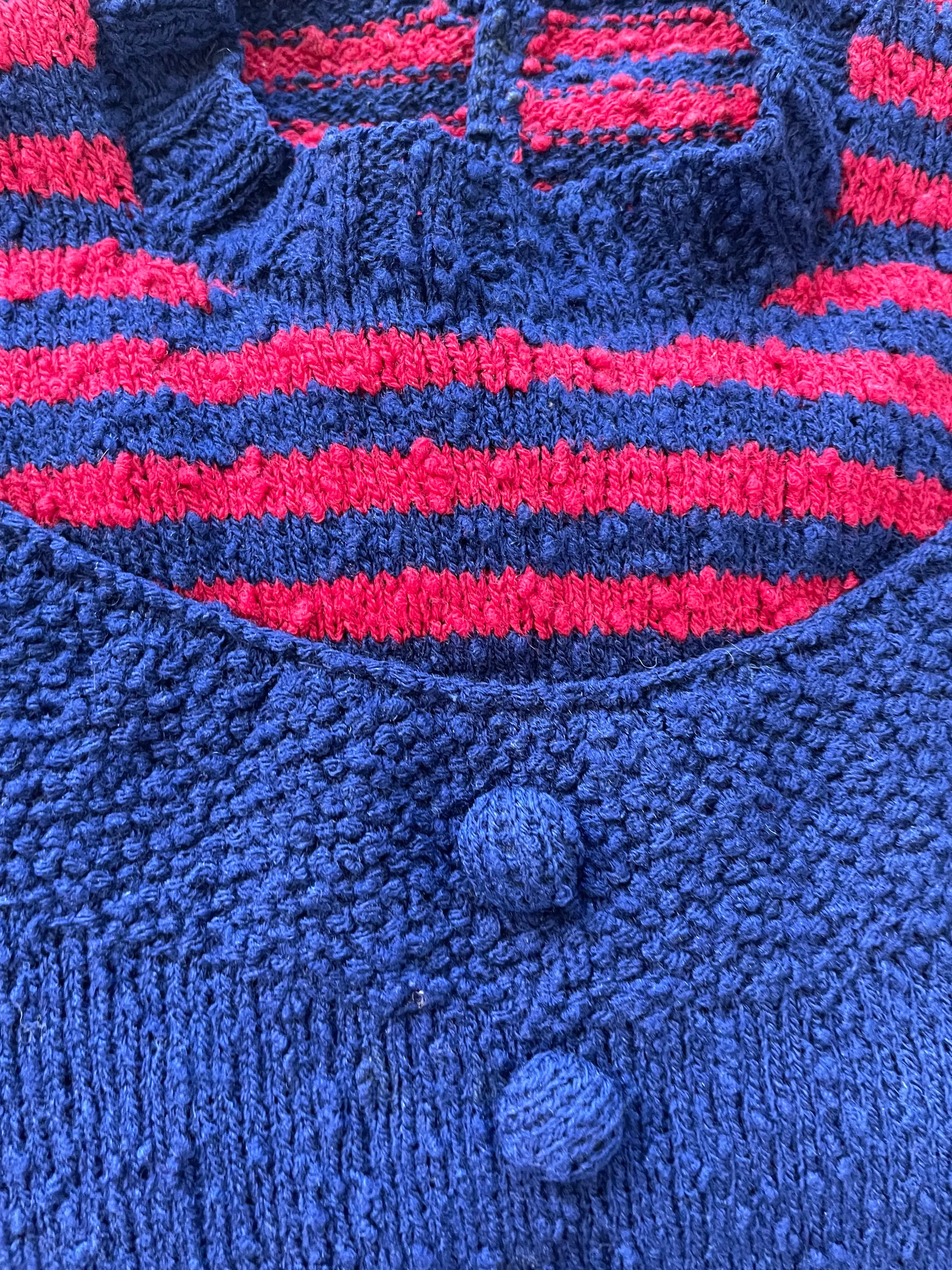 1930s Navy & Raspberry Boucle Knit Striped Dress W/ Belts