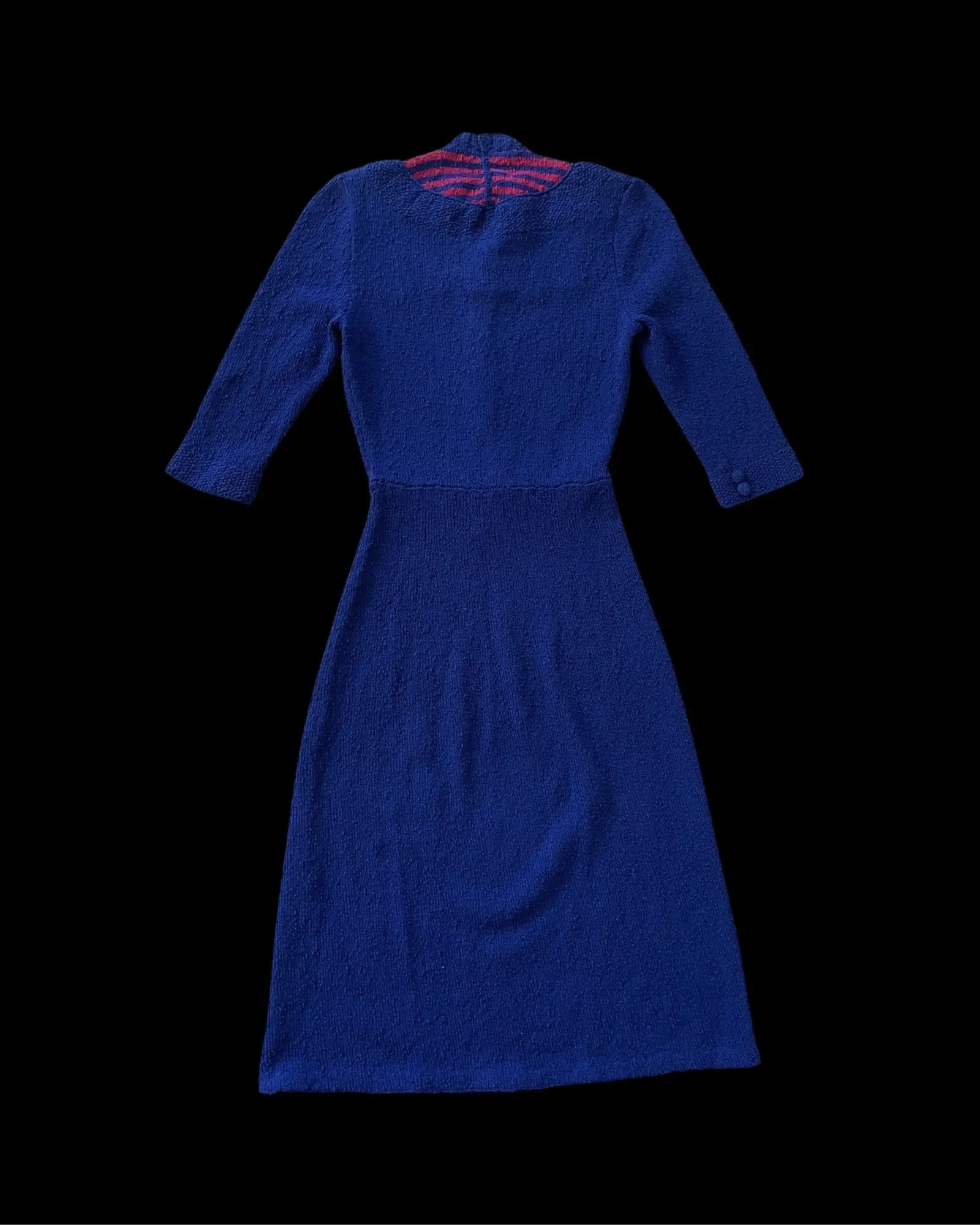 1930s Navy & Raspberry Boucle Knit Striped Dress W/ Belts