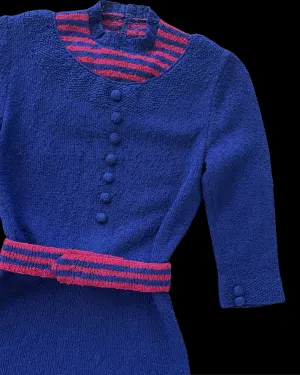 1930s Navy & Raspberry Boucle Knit Striped Dress W/ Belts