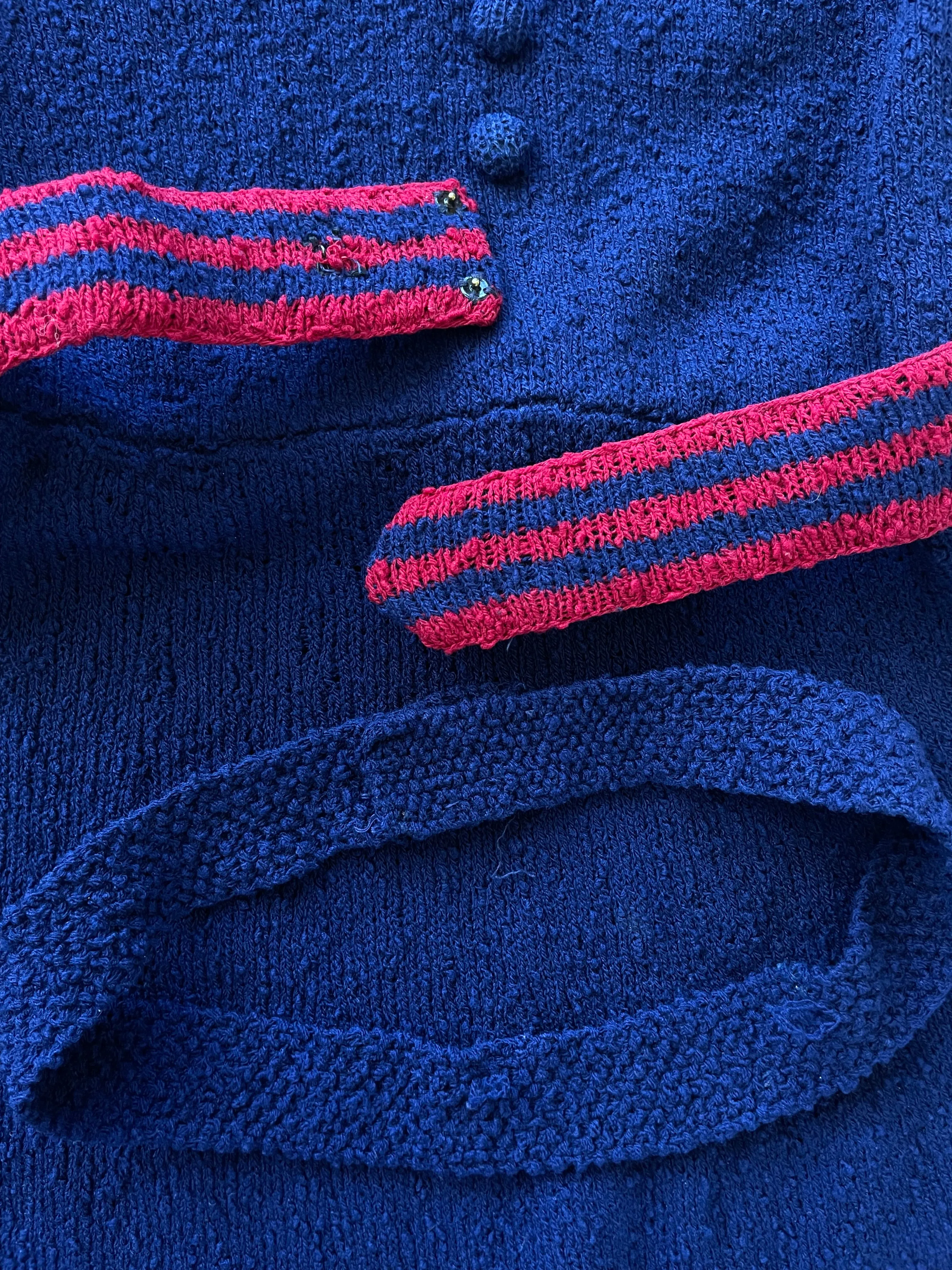 1930s Navy & Raspberry Boucle Knit Striped Dress W/ Belts