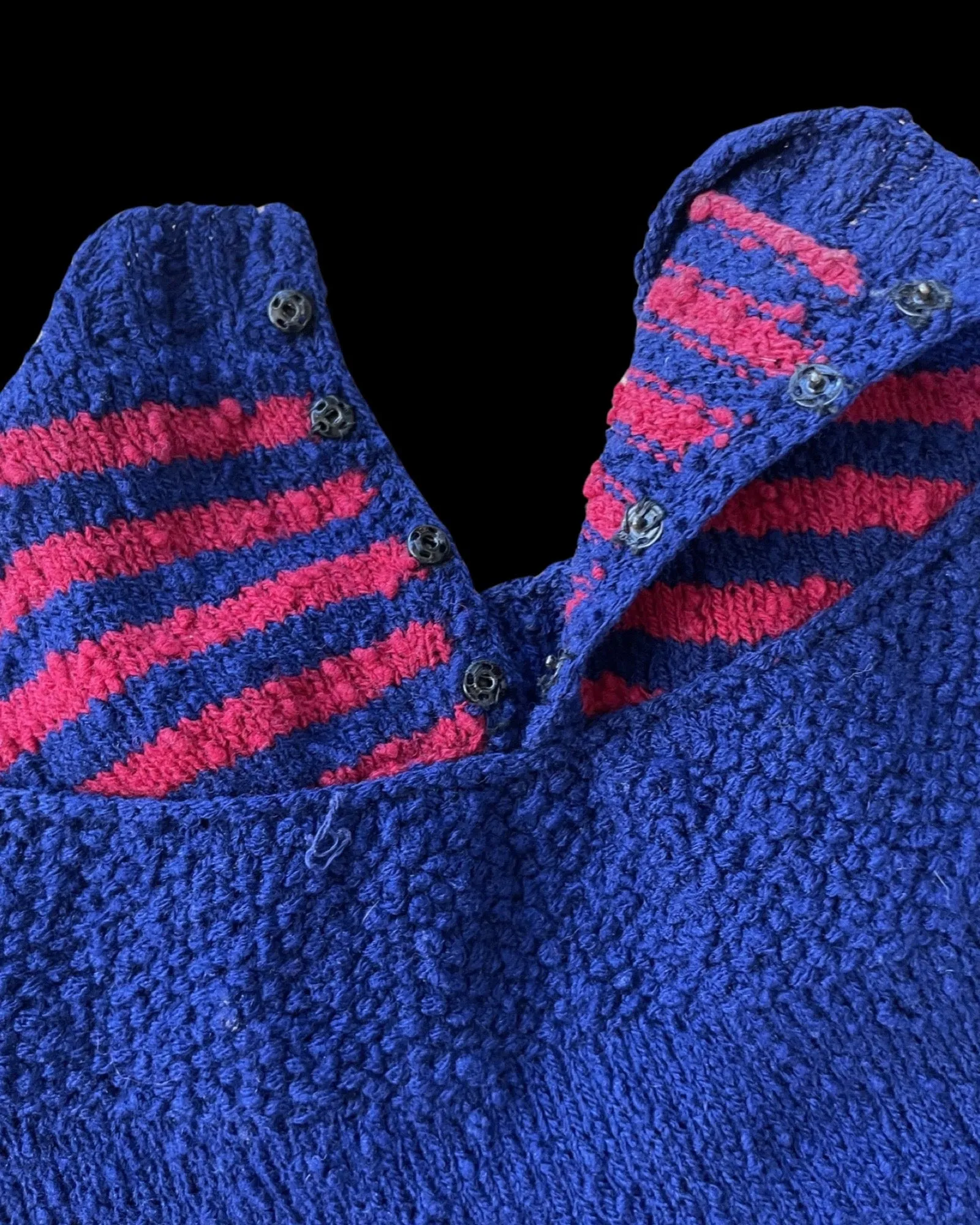 1930s Navy & Raspberry Boucle Knit Striped Dress W/ Belts