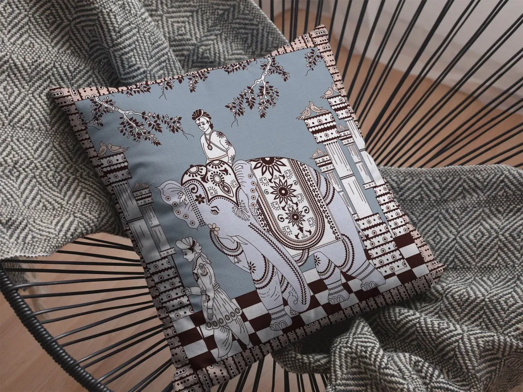 20” Blue Brown Ornate Elephant Suede Throw Pillow