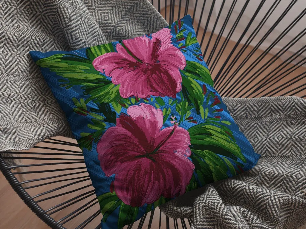 20” Pink Blue Hibiscus Suede Decorative Throw Pillow
