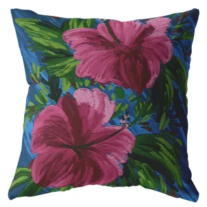 20” Pink Blue Hibiscus Suede Decorative Throw Pillow