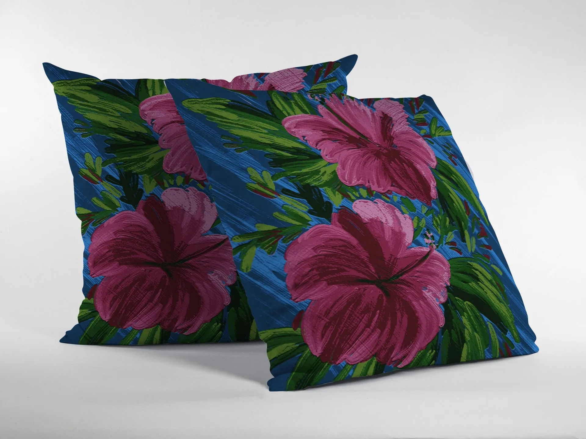 20” Pink Blue Hibiscus Suede Decorative Throw Pillow