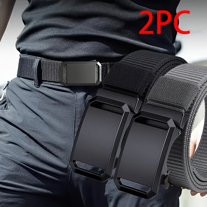 2pcs Men's Canvas Belts with Automatic Buckle for Outdoor & Casual Wear
