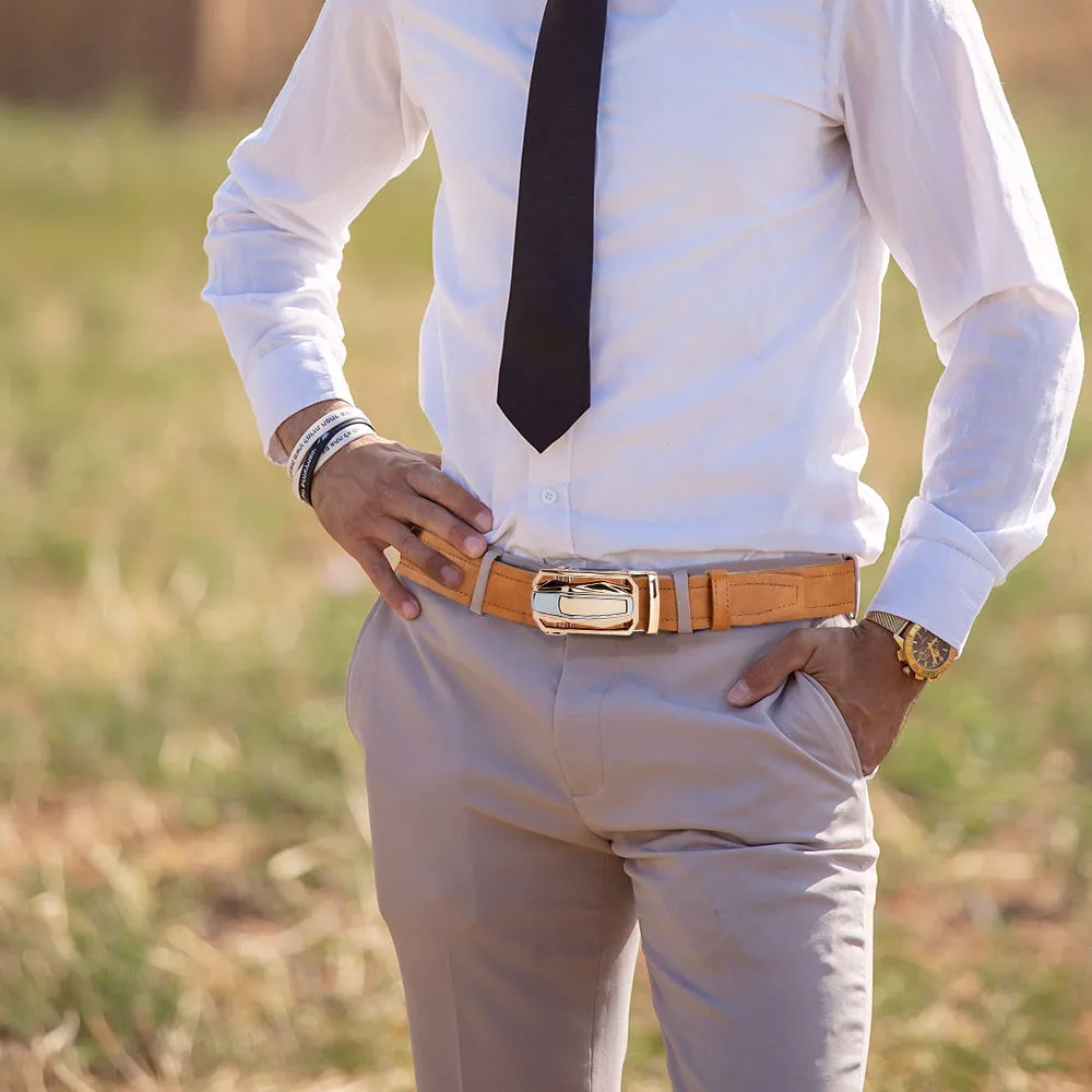 2pcs Men's Faux Leather Belts & Tan Automatic Ratchet Buckle