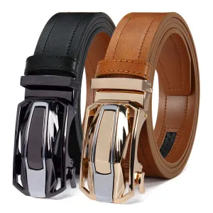 2pcs Men's Faux Leather Belts & Tan Automatic Ratchet Buckle
