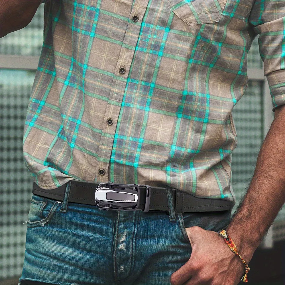 2pcs Men's Faux Leather Belts & Tan Automatic Ratchet Buckle