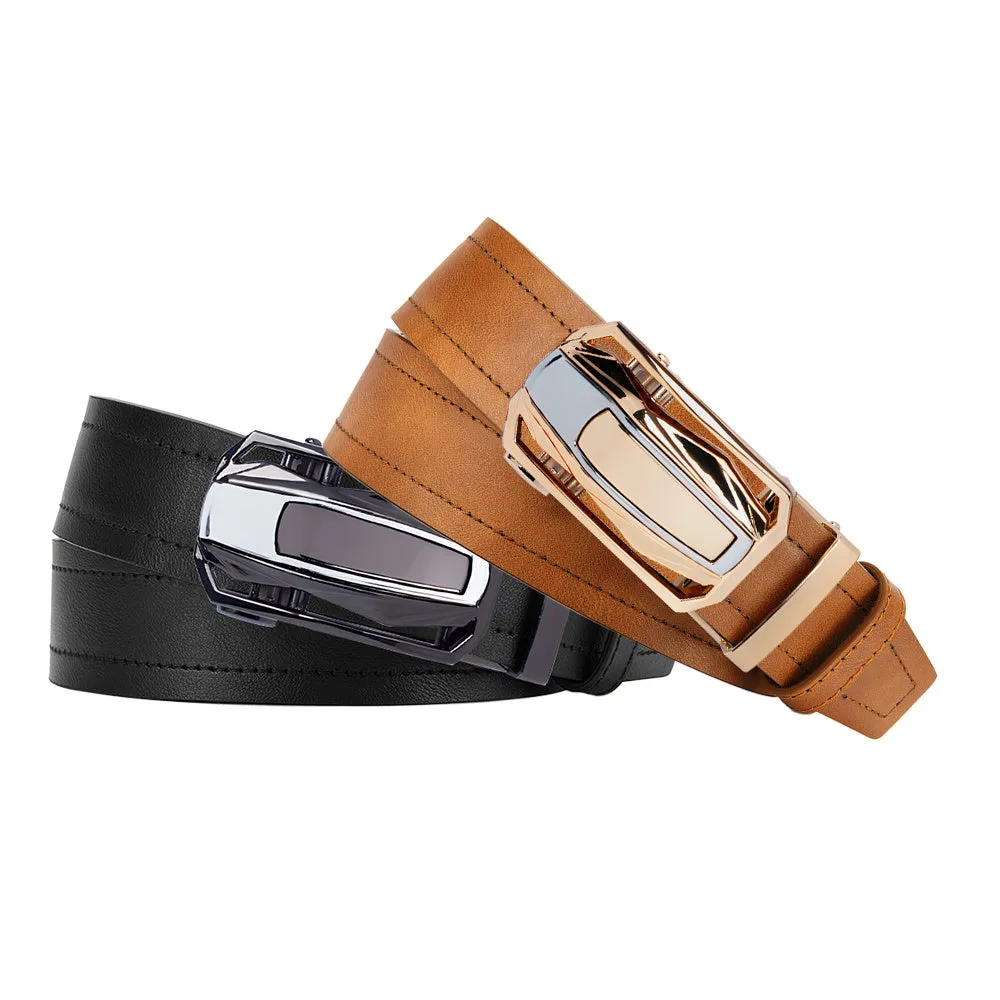 2pcs Men's Faux Leather Belts & Tan Automatic Ratchet Buckle