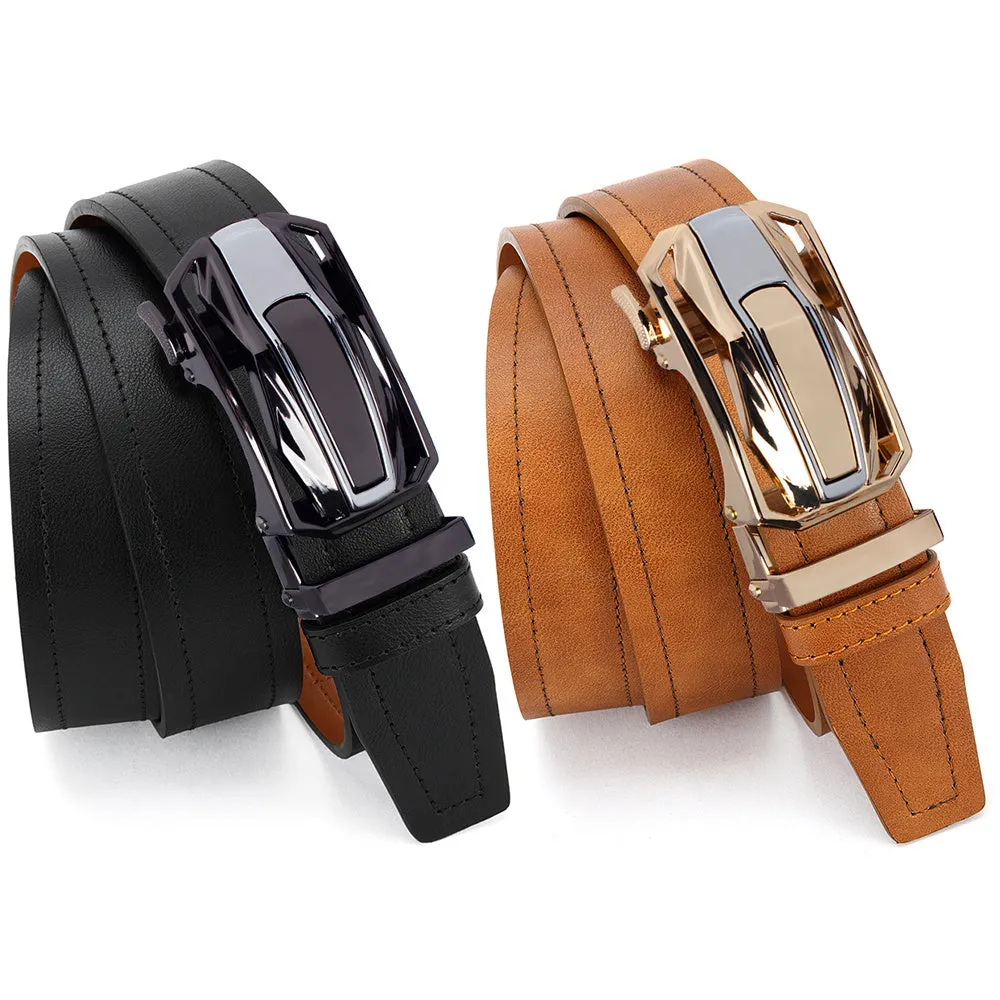 2pcs Men's Faux Leather Belts & Tan Automatic Ratchet Buckle