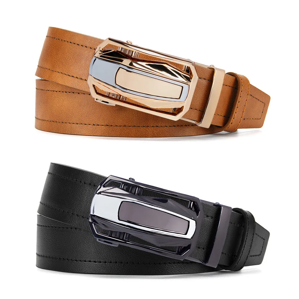 2pcs Men's Faux Leather Belts & Tan Automatic Ratchet Buckle