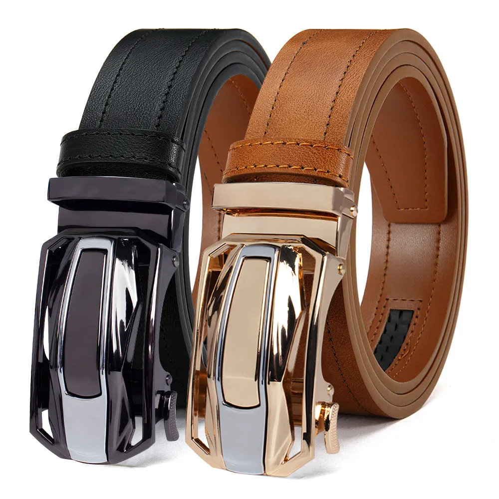2pcs Men's Faux Leather Belts & Tan Automatic Ratchet Buckle