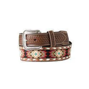 3-D Men's Brown Basket Weave Tooled Belt with Multi Colored Southwest Embroidered Inlay
