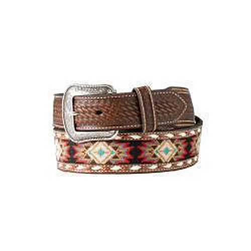 3-D Men's Brown Basket Weave Tooled Belt with Multi Colored Southwest Embroidered Inlay