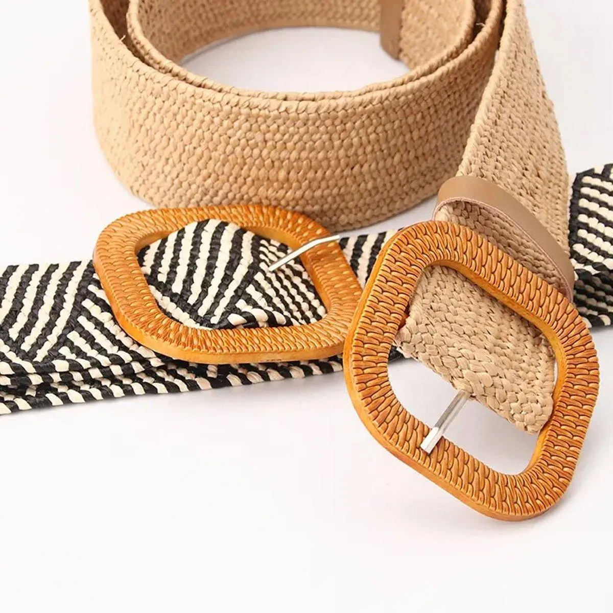 4PCS Womens Woven Cotton Linen Belt Set Round Square Buckle Long Shirt Dress