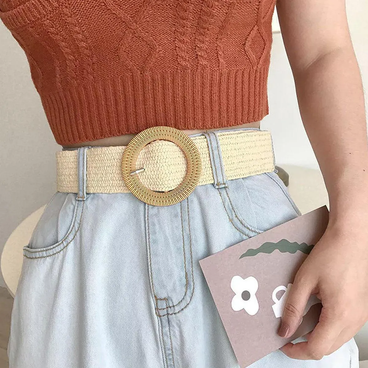 4PCS Womens Woven Cotton Linen Belt Set Round Square Buckle Long Shirt Dress