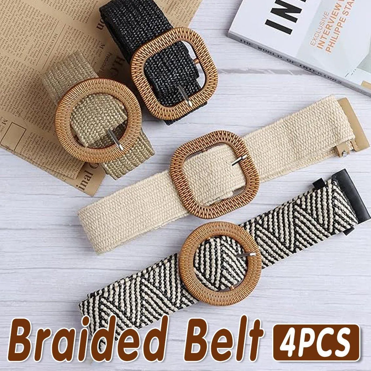 4PCS Womens Woven Cotton Linen Belt Set Round Square Buckle Long Shirt Dress