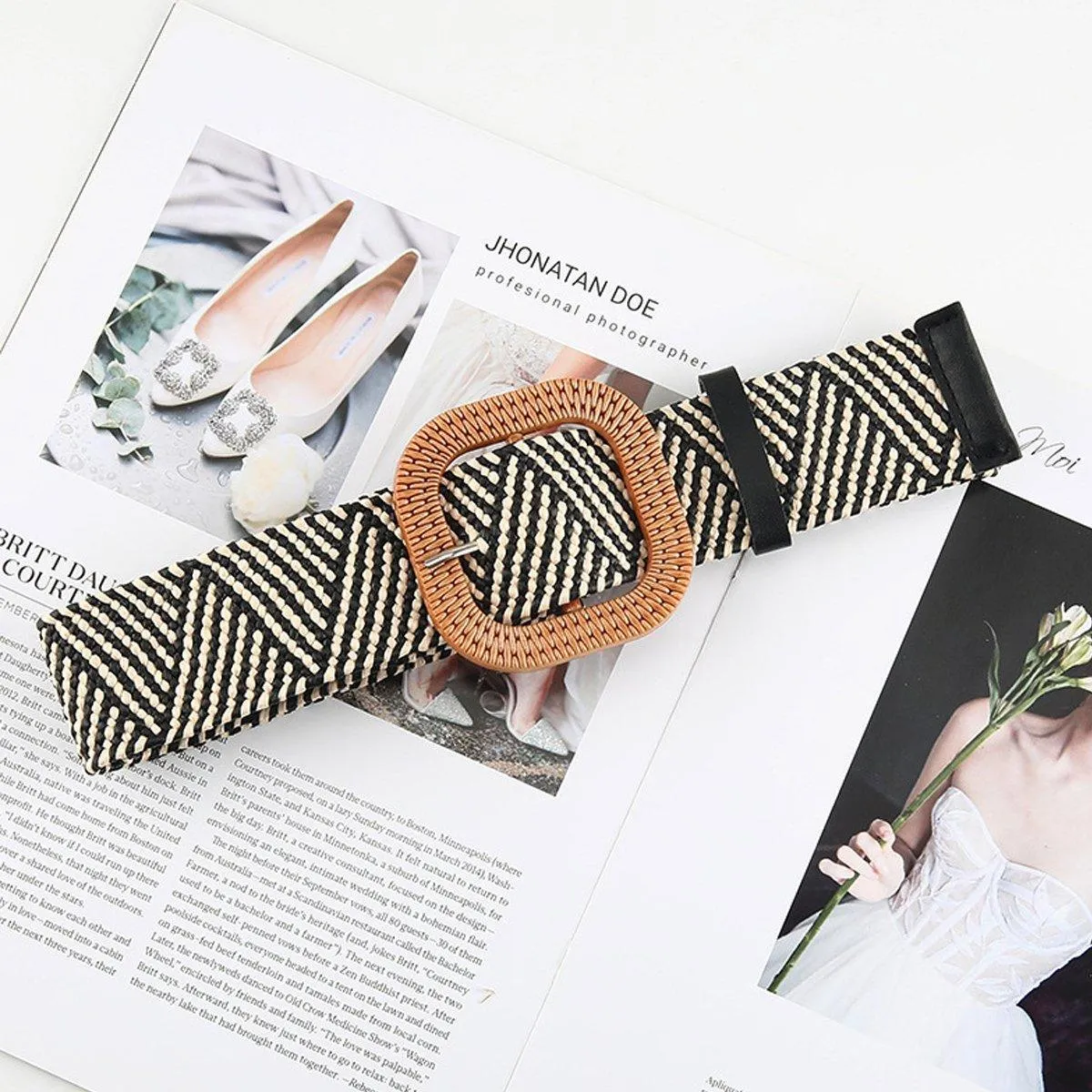 4PCS Womens Woven Cotton Linen Belt Set Round Square Buckle Long Shirt Dress