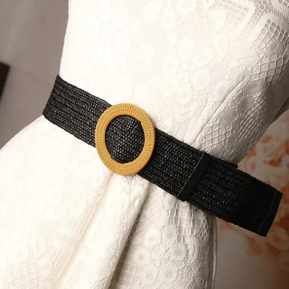 4PCS Womens Woven Cotton Linen Belt Set Round Square Buckle Long Shirt Dress