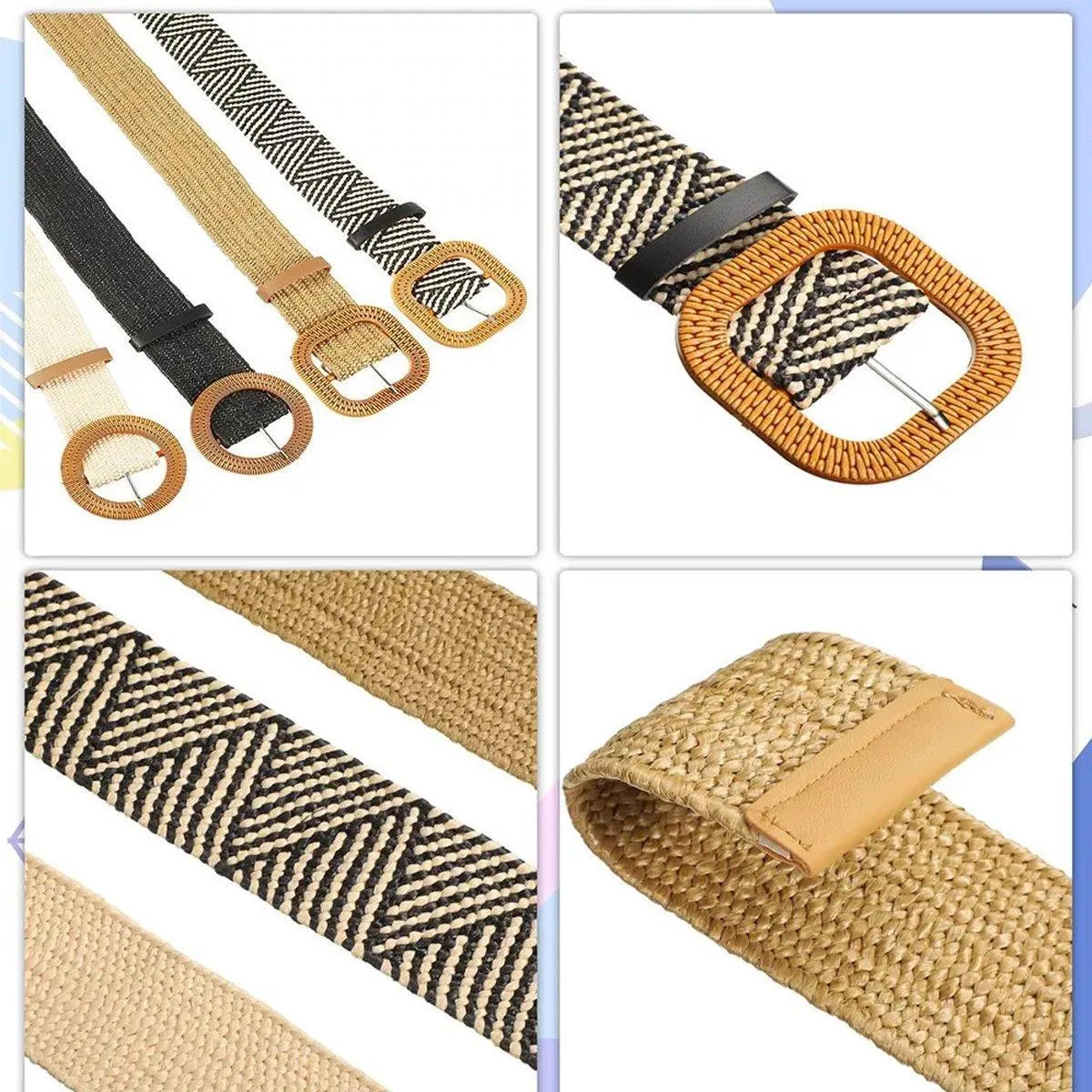 4PCS Womens Woven Cotton Linen Belt Set Round Square Buckle Long Shirt Dress
