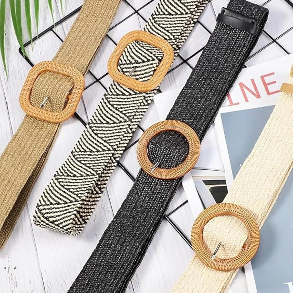 4PCS Womens Woven Cotton Linen Belt Set Round Square Buckle Long Shirt Dress