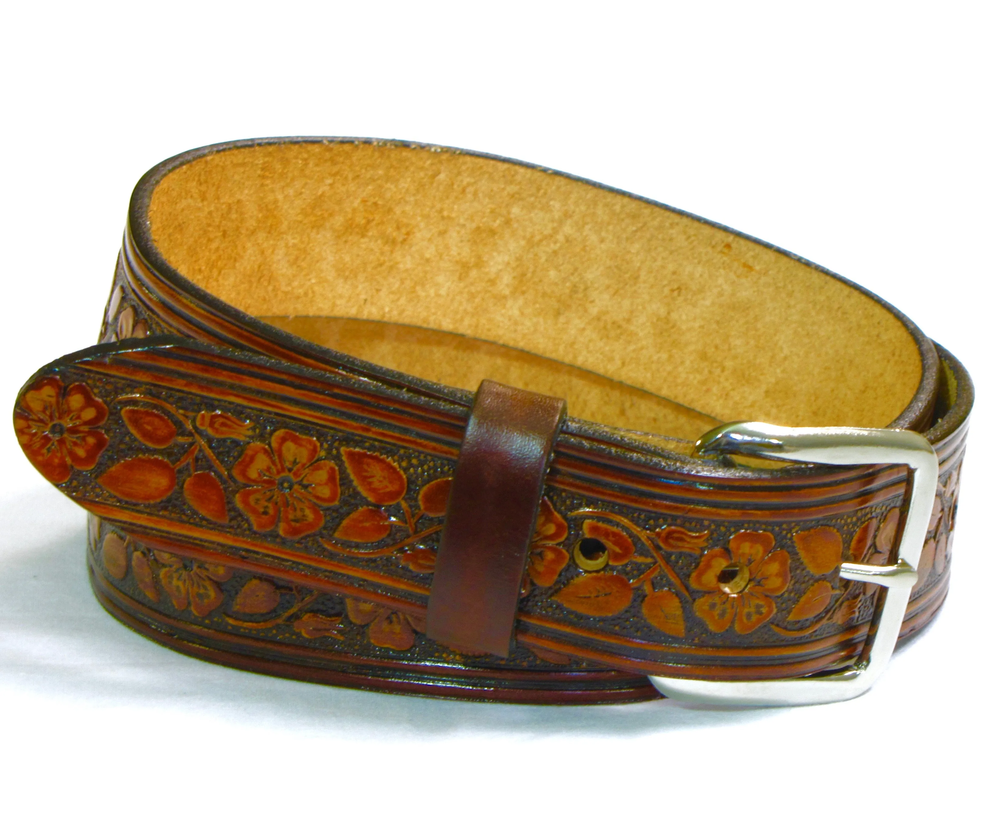 A142  1 1/2" Antique Finish Belt- Flowers