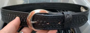 Aker Black Leather Woven Pattern Pistol Belt- 32" Waist- Hidden Coin Compar