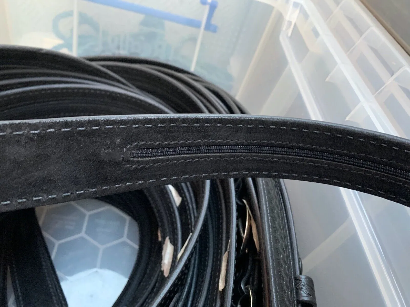 Aker Black Leather Woven Pattern Pistol Belt- 32" Waist- Hidden Coin Compar