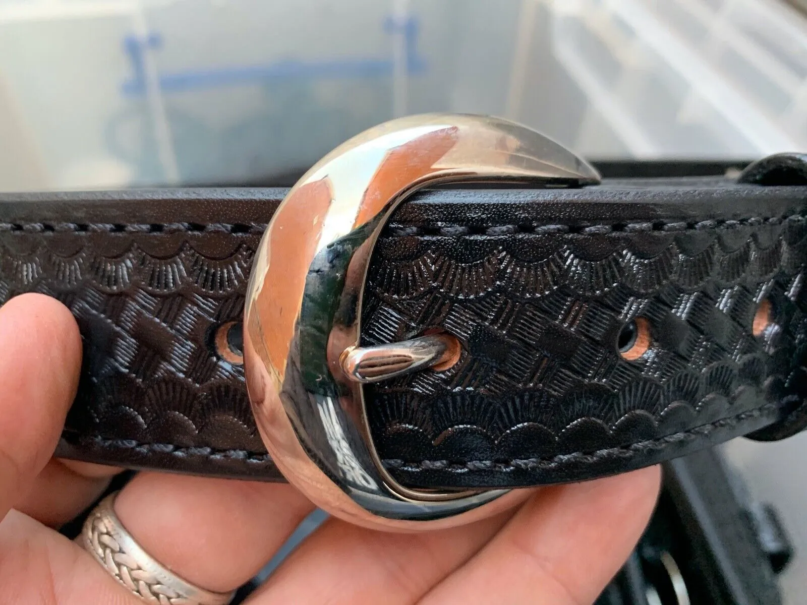Aker Black Leather Woven Pattern Pistol Belt- 32" Waist- Hidden Coin Compar