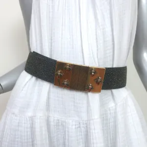 Alexander McQueen Bee Plaque Belt Black/Gold Glitter Leather Size 75 US 30
