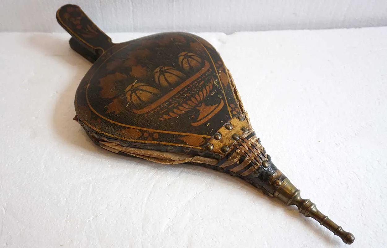 American New England Leather and Stencilled Lacquered Wood Fireplace Bellows