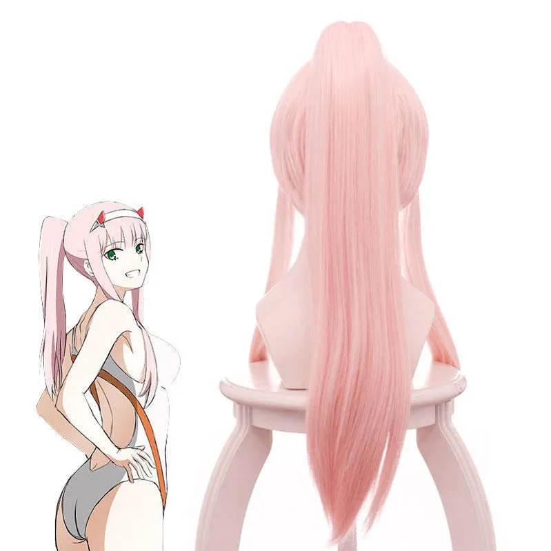 Anime DARLING in the FRANXX 02 Zero Two 65cm Long Pink Ponytail Cosplay Wigs