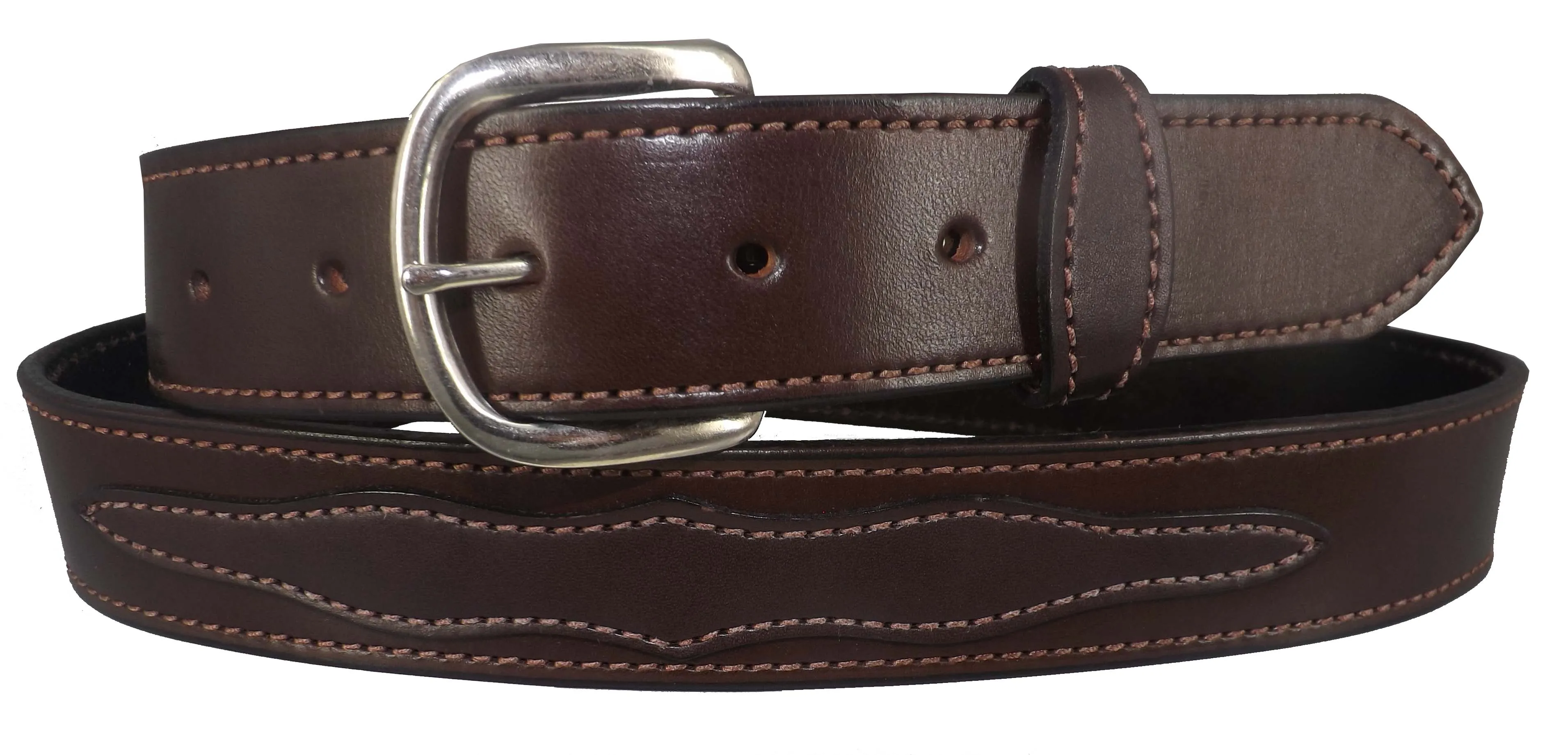 APPLIQUE WESTERN BELT - Dark Brown Decorative Stitched Bridle Leather