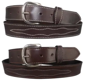 APPLIQUE WESTERN BELT - Dark Brown Decorative Stitched Bridle Leather