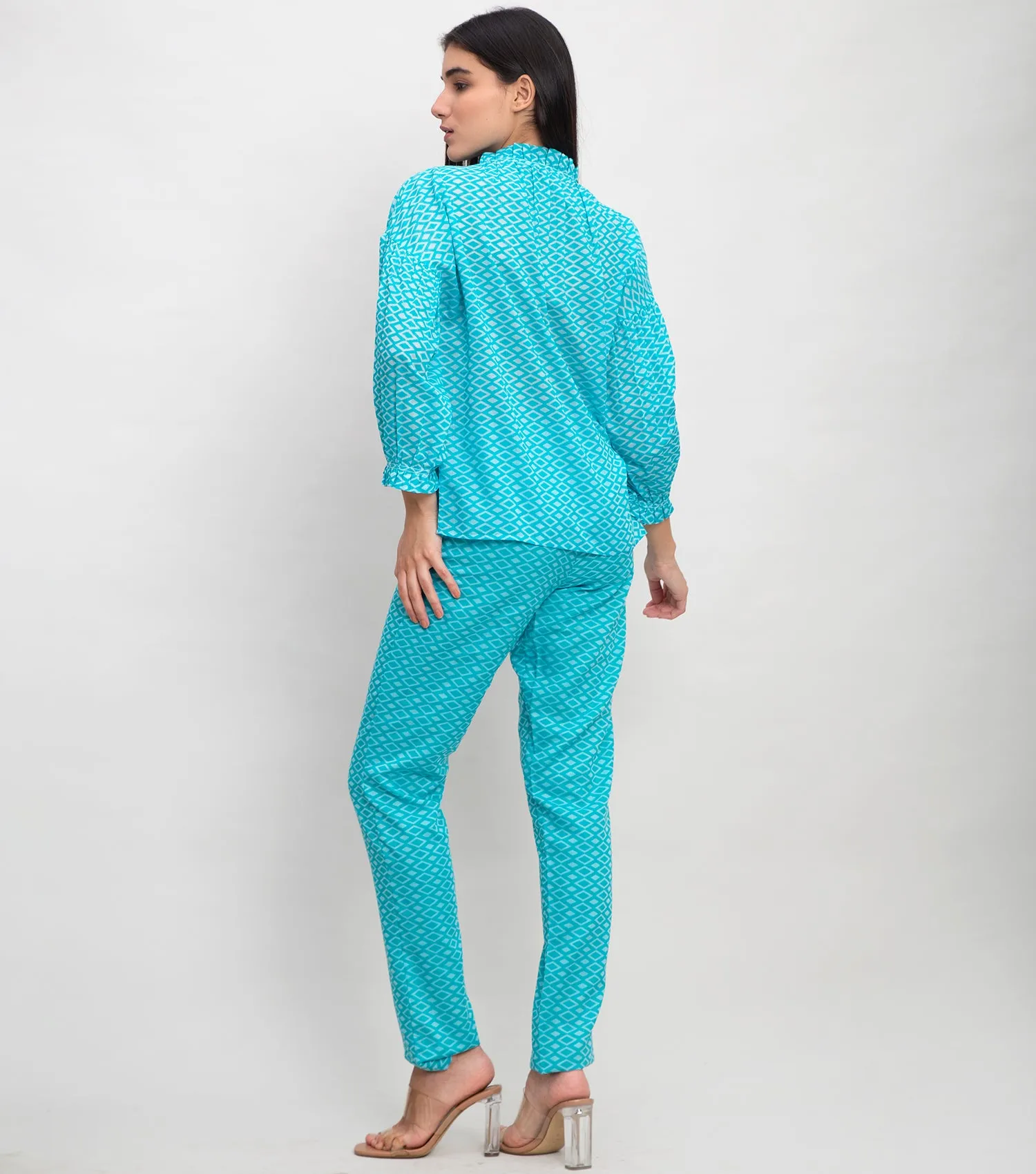 Aqua Blue Cotton Printed Straight Pant with Side Zipper