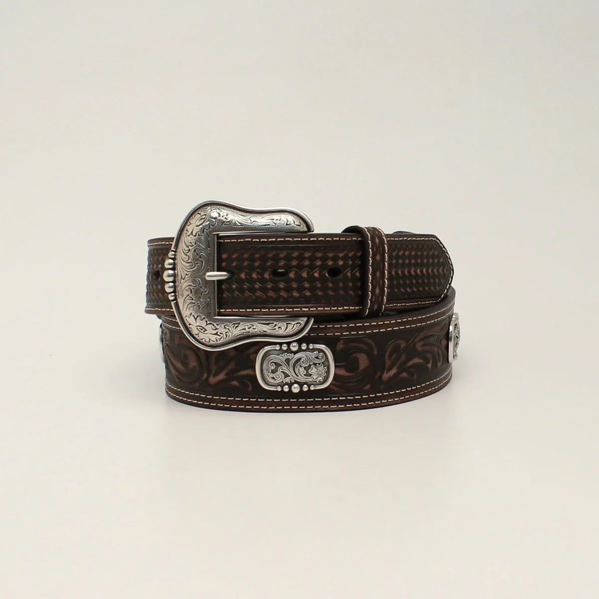 ARIAT DARK BROWN FLORAL/OVAL CONCHO BELT