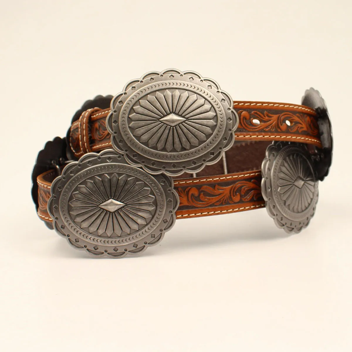 Ariat Women's Brown Tooled with Silver Oval Concho Leather Belt