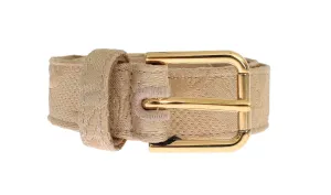 Beige Cotton Brocade Gold Buckle Logo Belt