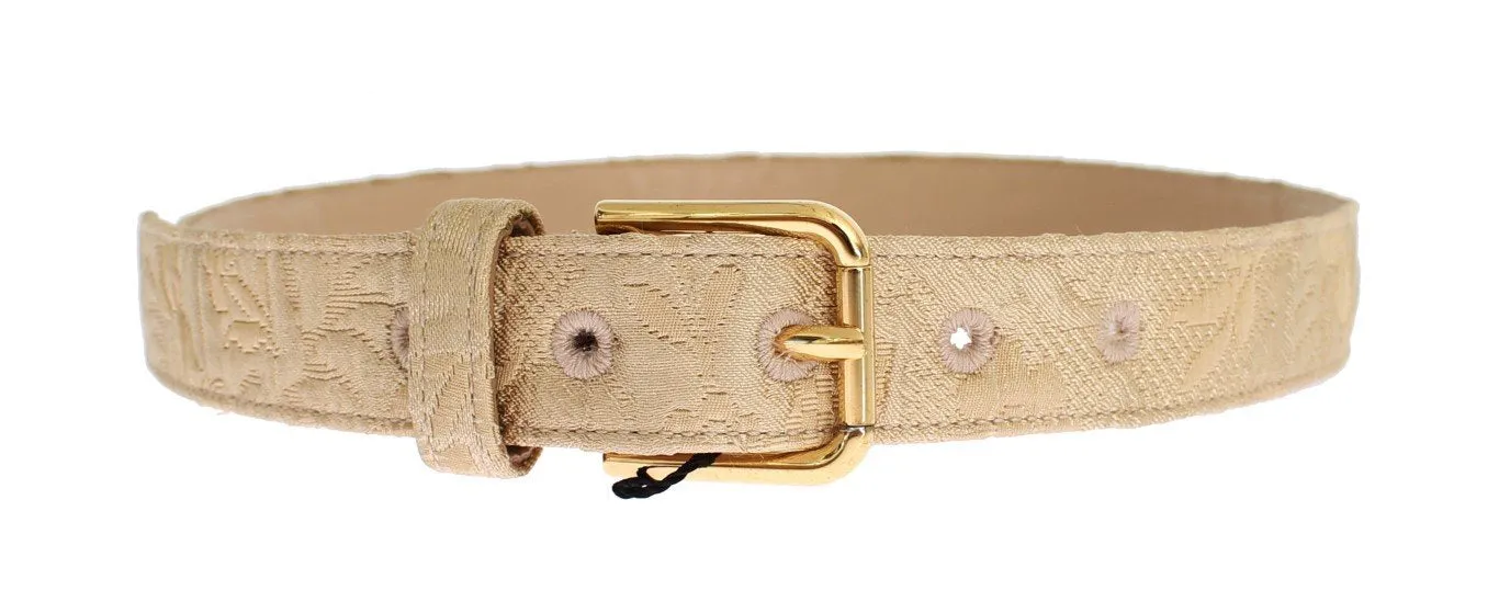 Beige Cotton Brocade Gold Buckle Logo Belt