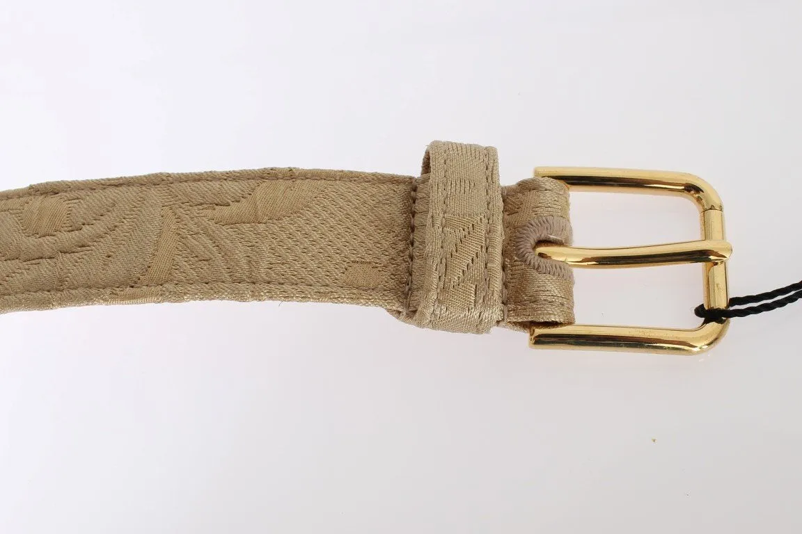 Beige Cotton Brocade Gold Buckle Logo Belt