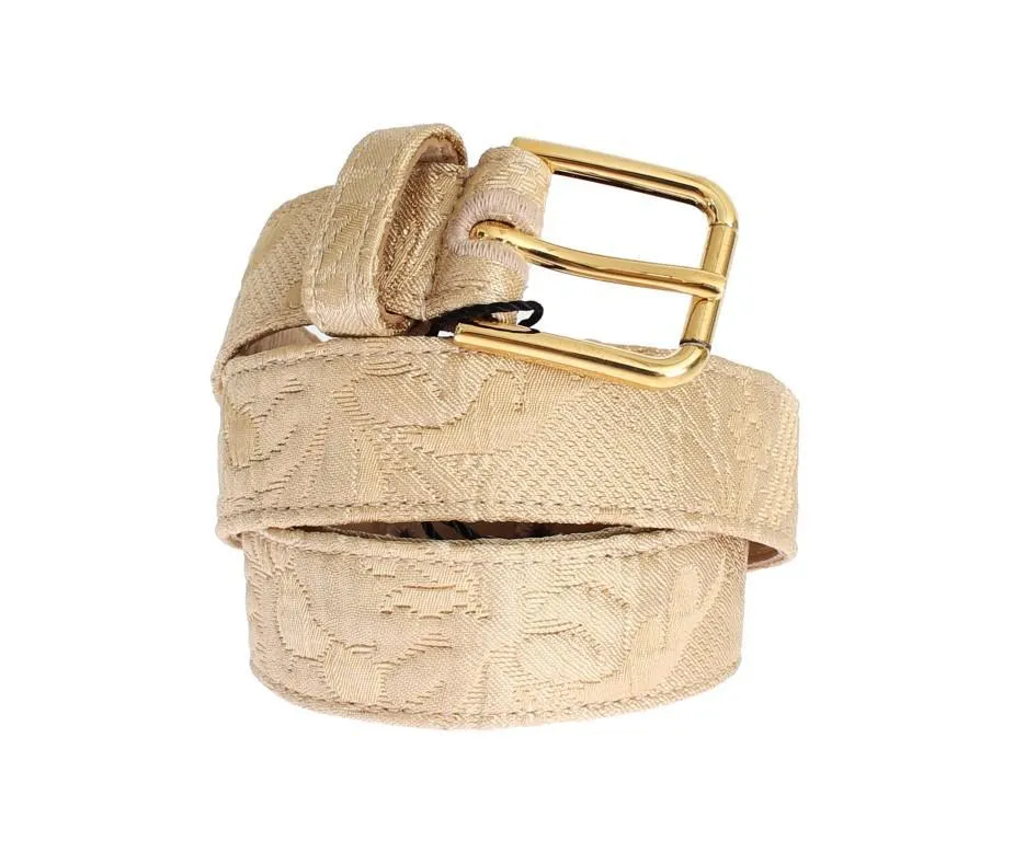 Beige Cotton Brocade Gold Buckle Logo Belt